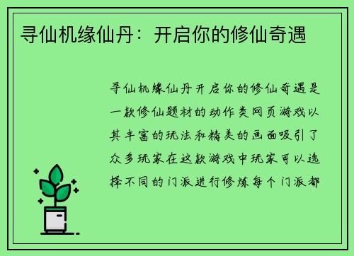 寻仙机缘仙丹：开启你的修仙奇遇